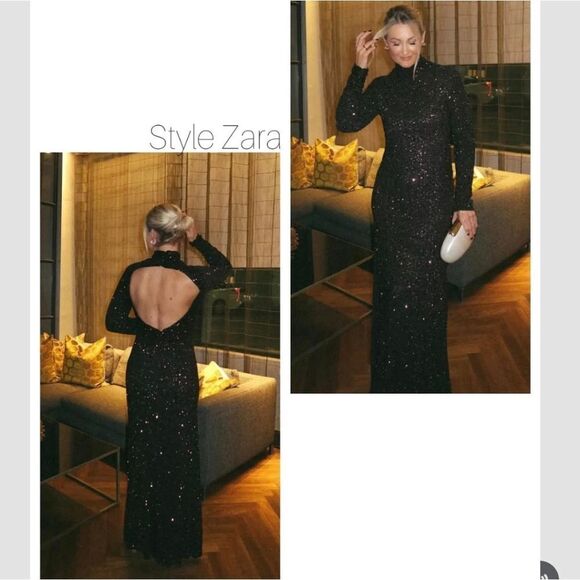 RUNS LARGE NWT ZARA SEQUIN LONG DRESS ZW COLLECTION Mocha Color - Picture 12 of 15